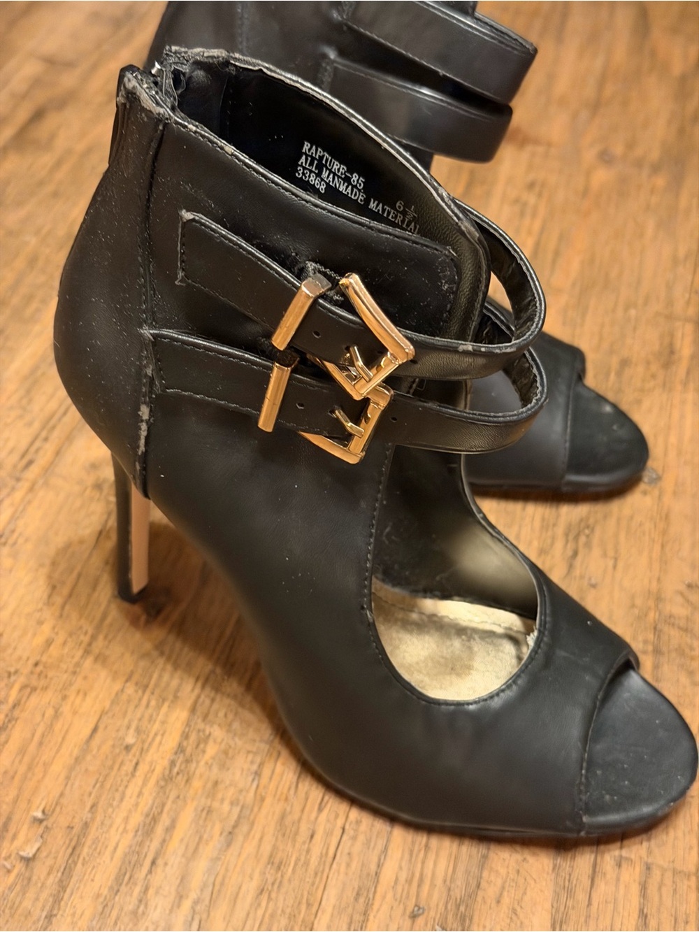 Anne Michelle Black Peep-Toe Stiletto Ankle Boot with Gold Buckles size 6.5